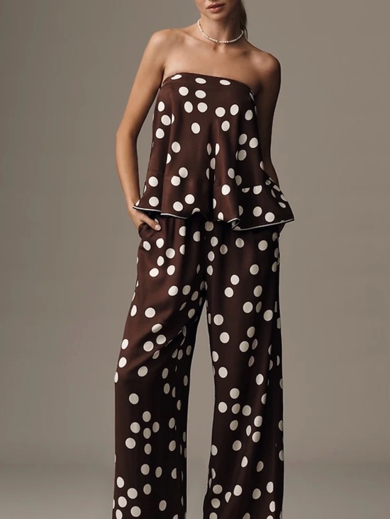 Maeve Pants - Maeve Strapless Brown & Cream Polka-Dot Wide-Leg Pants and Strapless Top